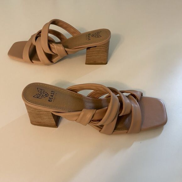 Womens Slip on Slides 11 Tan Strappy Mid Chuncky Stack Heel Sq Toe Beast Fashion - Picture 4 of 7